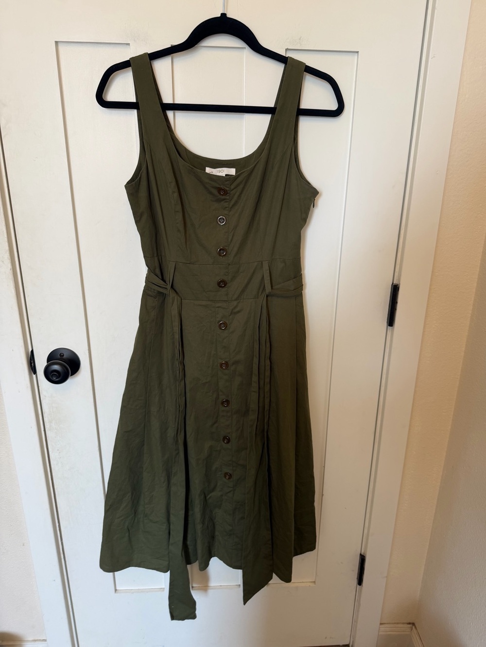 1901 Fit & Flare Midi Dress Button Front Green Belted Sleeveless Size 8 Cotton